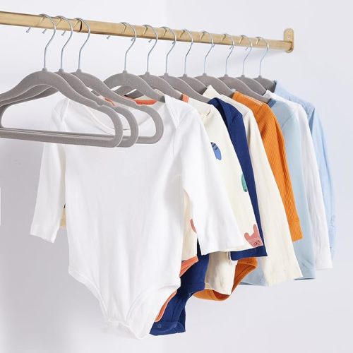 Amazon Basics Kids Velvet, Non-Slip Clothes Hangers for Infant and Toddler, 11.6 inches (for baby clothes), Pack of 50, Gray