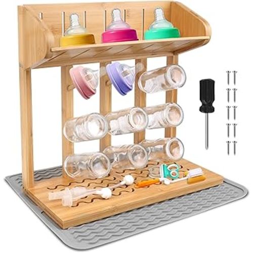 Windspeed Wooden Bottle Drying Rack for Baby Bottle Rack Dryer with Drain Pad, Space Saving for 11 Milk Glass Baby Feeder, Ideal Too for Busy Parents