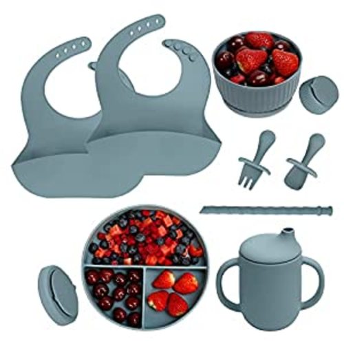 Baby Led Weaning Supplies - CSFICTS Baby Feeding Set - Silicone Suction Bowls, Divided Plates, Straw Sippy Cup - Toddler Self Feeding Eating Utensils Dishes Set with Bibs, Spoons, Fork - 6 Months - Ether