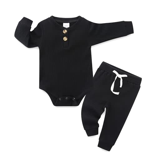 Hikido Newborn Baby Boy Girl Clothes Infant Ribbed Romper Cotton Long Sleeve Pant Sets for 0~18M Infant