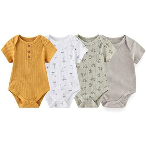 ZAV Solid Unisex Short Sleeve Baby Boy Girl Bodysuits 4-pack Cotton Cartoon Baby Clothes Soft Infant Outfits
