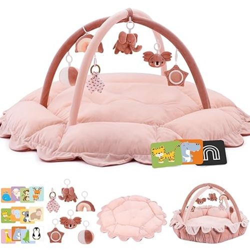5-in-1 Baby Activity Gym & Play Mat with 6 Hanging Toys, Tummy Time Mat & Cards - Extra Large, Reversible Machine Washable Pad - Gift for Newborns, Infants 0-12 Months, Pink