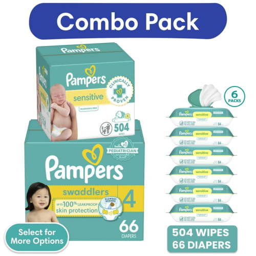 Pampers Swaddlers Diapers, Size 4, 66 Count and Pampers Sensitive Baby Wipes 6-Pack 504 Wipes (Select for More Options)