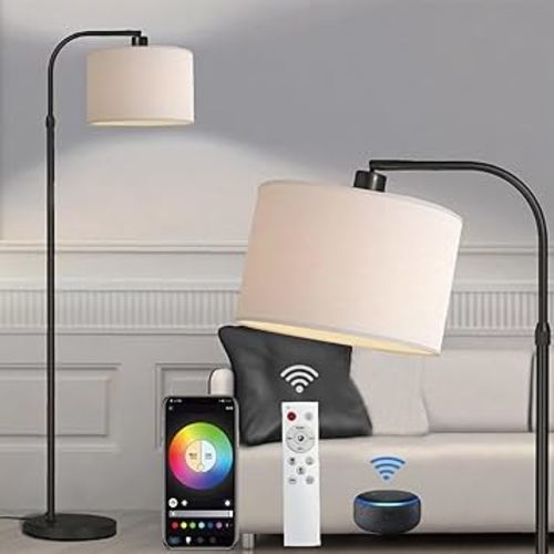 Black Floor Lamp with Remote Control, 1200 Lumens 15W LED Bulb Included, Adjustable Height Arc Floor Lamps for Living Room, Black Standing Lamp Dimmable Floor Lamp for Bedroom, Office