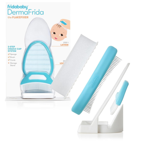 Frida Baby The 3-Step Cradle Cap System, DermaFrida The FlakeFixer, Sponge, Brush, Comb and Storage Stand for Babies with Cradle Cap, White-Blue