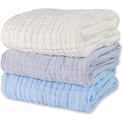 Muslin Baby Bath Towels Set 3 Pack Ultra Soft and Absorbent Baby Towels Infant Toddler Blanket Towel 6-Layer Natural Cotton Towel Suitable for Girl Boy 40x40 inches (White&Blue&Grey)