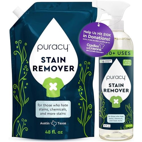 Puracy Stain Remover Cleaning Spray - Enzyme-Powered Stain Removal Spray As Seen on TikTok, Natural Travel Spot Remover for Clothes (Unscented, 48 fl oz + 16 fl oz)