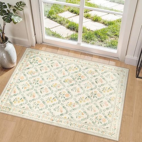 PLHXFR 6x9 Area Rug Living Room: Floral Washable Boho Carpet Beige Multi | For Bedroom Dining Room Farmhouse Nursery Hallway,Vintage Floral,Machine washable,Non Slip,Stain Resistant,Large Indoor