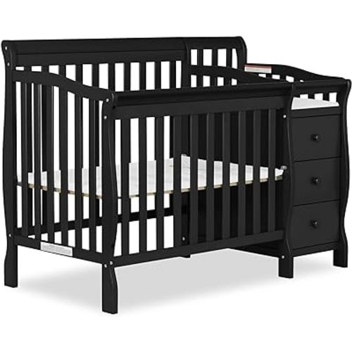 Dream On Me Jayden 4-in-1 Mini Convertible Crib And Changer in Black, Greenguard Gold Certified, Non-Toxic Finish, New Zealand Pinewood, 1" Mattress Pad