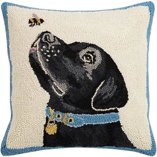 Peking Handicraft 30ML463C16SQ Black Lab with Bee Hook Pillow, 100% Wool and Cotton