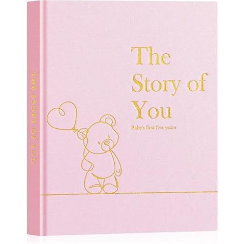 Lanpn Baby Memory Book for Boy Girl - The Story of You, Newborn Babys Keepsake Book Photo Album for New Parents, Linen Cover Baby First 5 Year Milestone Journal Scrapbook (Pink, 154 Pages)