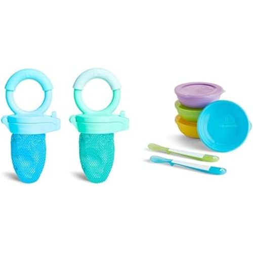 Munchkin® Love-a-Bowls™ 10 Piece Baby Feeding Set, Includes Bowls with Lids and Spoons, Multicolor & Fresh Food Feeder, 2 Count (Pack of 1), Blue/Mint