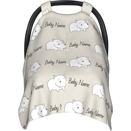 Personalized Lovely Hippo Baby Infant Car Seats Canopy for Babies with Name, Custom Car Seat Covers for Baby Boys Girls, Peekaboo Minky Nursing Breastfeeding Stroller Canopies for Newborn