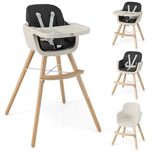 BABY JOY Convertible Baby High Chair, 3 in 1 Wooden Highchair/Booster/Chair with Removable Tray, Adjustable Legs, 5-Point Harness, PU Cushion and Footrest for Baby, Infants, Toddlers (Beige)