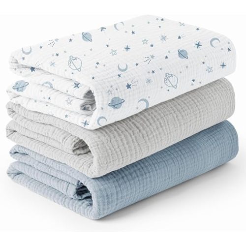 Konssy 3-Pack Muslin Baby Swaddle Blankets, 47 x 47 in Receiving Blankets | Large Size, 100% Cotton, Ultra Soft & Breathable, Multi-Use Swaddles for Boys & Girls, from Newborn to Toddler (Star)
