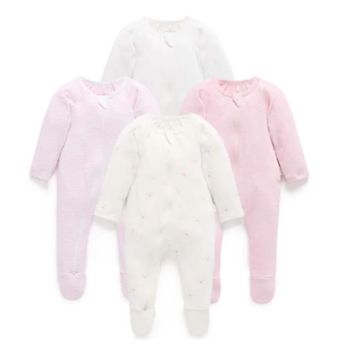 4 Pack Zip Footie Pale Pink Bear Pack - Purebaby Sleepwear | Maisonette