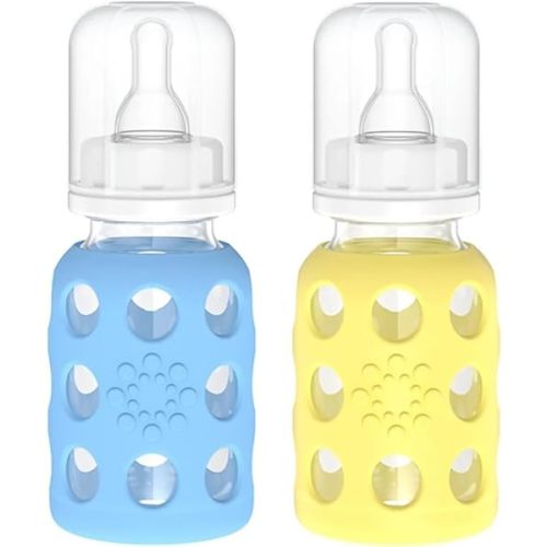 Lifefactory Glass Baby Bottles with Silicone Protection - 2-Pack, 4 oz Bottles, Sky Blue & Banana