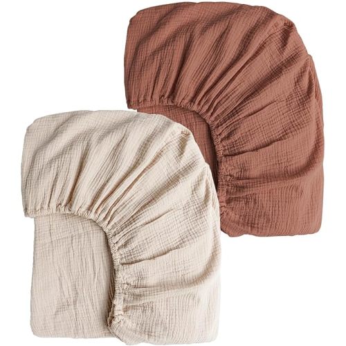 Konssy 2 PCS Muslin Fitted Crib Sheets 100% Cotton Baby Crib Sheets for Standard Crib Mattress (28 X 52 Inches), Soft and Breathable for Boys, Girls(Chestnut, Summer Wheat)