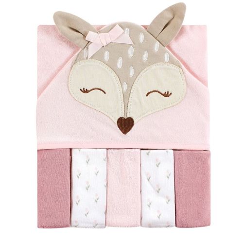 Hudson Baby Infant Girl Hooded Towel And Five Washcloths, Fawn, One Size