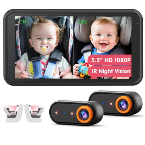 BM2 PRO Dual Baby Car Camera, 5.2" 1080P HD Display for Rear-Facing Car Seats, IR Night Vision, Anti-Shake Mount, Easy Install – Ideal for Parents with 2 Kids and Pets
