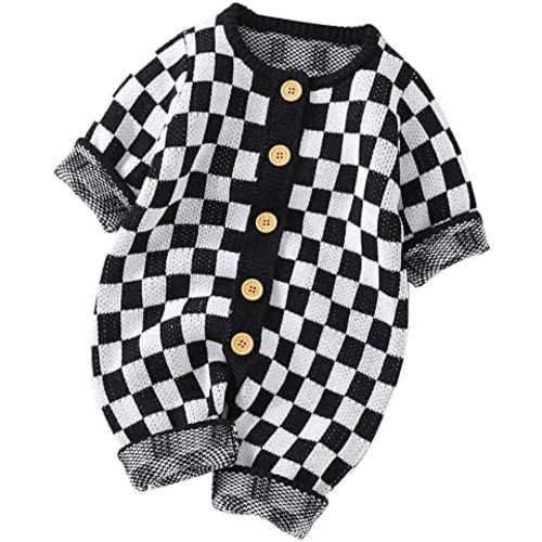 Unisex Baby Girl Boy Knitted Romper Jumpsuit Checkerboard Plaid One Piece Button Down Sweater Playsuit Clothes