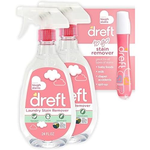 Dreft Stain Remover for Baby Clothes and Hypoallergenic Baby Stain Remover Spray Plus Travel Size Stain Treater Pen, 24 Fl Oz ( Pack of 2 + Stain Pen)