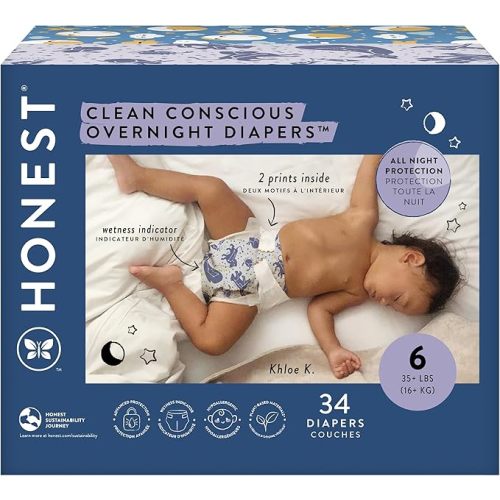 The Honest Company Comfort Dry Disposable Overnight Diapers for Sensitive Skin, Hypoallergenic, Baby Cozy Cloud and Star Signs Design Club Box Size 6 (35 lbs) 34 Count