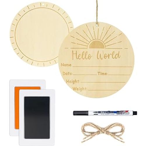 BabyQunt Baby Announcement Sign,Birth Announcement Sign for Hospital with Marker Pen and Ink Pad,Wooden Round Hello World Newborn Sign for Baby Hand and Footprints