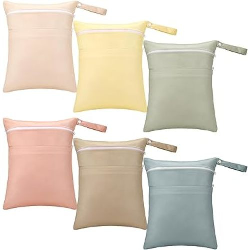 6 Pcs Wet Dry Bag with Two Zippered Pockets Waterproof Swim Gym Wet Bags for Reusable Washable Daycare Diaper Bag Organizing Pouches for Cloth Diapers Swimsuits Travel Beach Pool