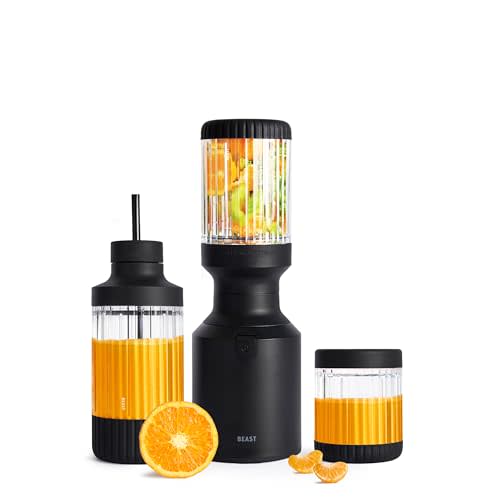 The Beast Mini Blender Plus | Mini Countertop Kitchen Blender | Blend Smoothies and Shakes, Dressings, Sauces, Dips | Extra Vessels, Straw Cap and Straws Included | 600W (Carbon Black)