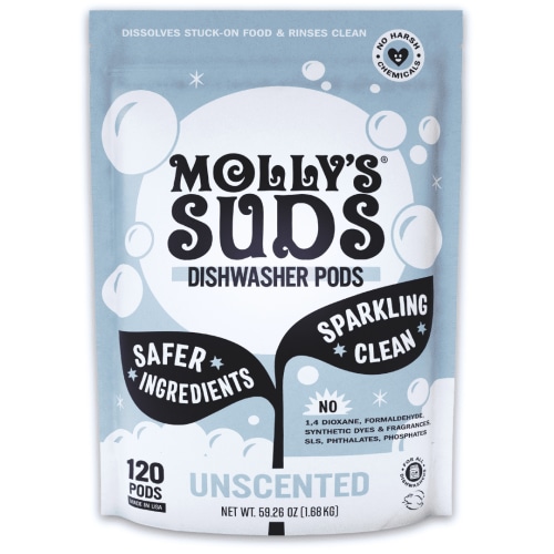Molly's Suds Natural Dishwasher Pods | Cuts Grease, Rinses Clean | 120 Auto-Release Tabs (Unscented)