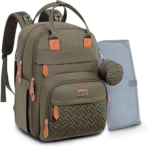 BabbleRoo Diaper Bag Backpack - Baby Essentials Travel Tote - Multi Function Waterproof Diaper Bag, Travel Essentials Baby Bag with Changing Pad, Stroller Straps & Pacifier Case - Unisex, Army Green