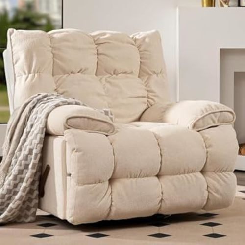 Oversized Rocker Recliner Chair, Manual Overstuffed Extra Wide Rocking Recliners Soft with Breathable Soft Fabric, Swivel Rocker Recliner for Living,Soft Padded Headrest and Armrest (Manual, White)