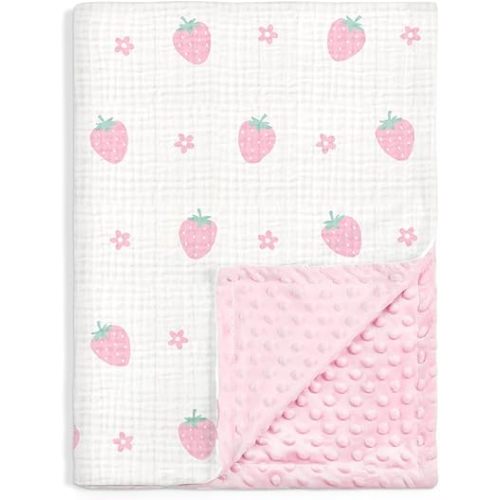 Strawberry Baby Blankets for Girls, Soft Nursery Minky Blankets with Muslin and Dotted Fleece Back 30x40 inches, Receiving Bed Quilt for Newborn, Infants, Toddlers