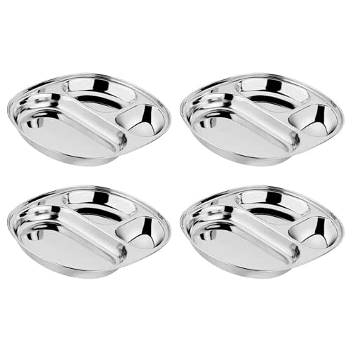 Ahimsa Stainless Steel Plates for Kids - Divided Plates for Toddlers, Pediatrician Designed, Non Toxic Toddler Plate, Camping Plate, BPA Free & Dishwasher Safe (Set of 4)