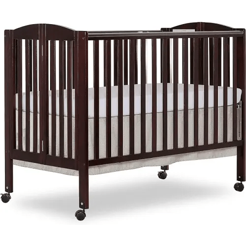Full Size 2-in-1 Folding Stationary Side Crib in Espresso, Locking Wheels, Folds Flat for Storage, Comes with Teething Guard, Non-Toxic Finish
