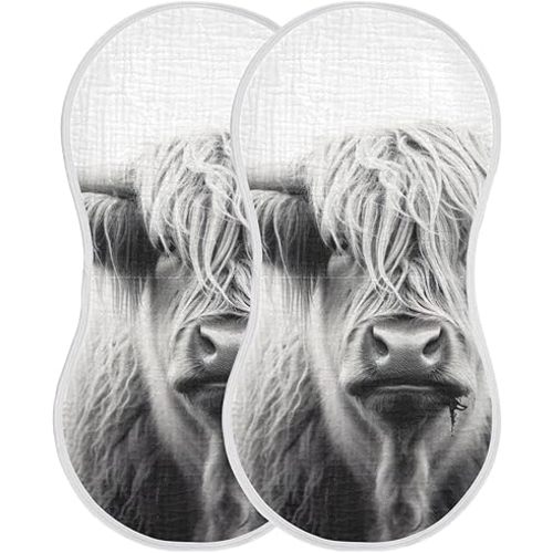 Muslin Baby Burp Cloths Set of 2, Soft Absorbent Highland Cow Muslin Washcloths, Bibs, Face Towel for Newborn Boys Girls, 22 x 11 Inch