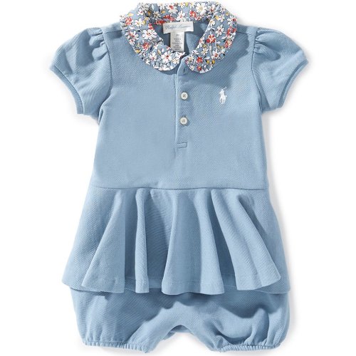 Ralph Lauren Baby Girls Contrast-Collar Mesh Bubble Romper