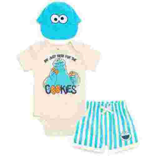 Sesame Street Cookie Monster Bodysuit, Shorts and Baseball Cap 3 Piece Outfit Set Newborn to Infant