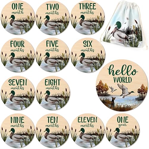 Huray Rayho Duck Cards Mallard Baby Wooden Disc Marker Mallard Duck Nursery Gift Hunting Card Birth Stat Sign Birth Start Sign Photo Prop