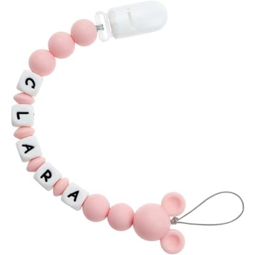 Panny & Mody Pacifier Clip Personalized Name, Personalized Pacifier Clip with Name, Customizable Pacifier Holder Leash - Mouse Pink