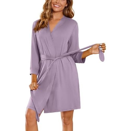 Ekouaer Women's Robe Lightweight 3/4 Sleeve Knit Bathrobe Soft Knee Length Sleepwear Robes with Pockets S-XXL