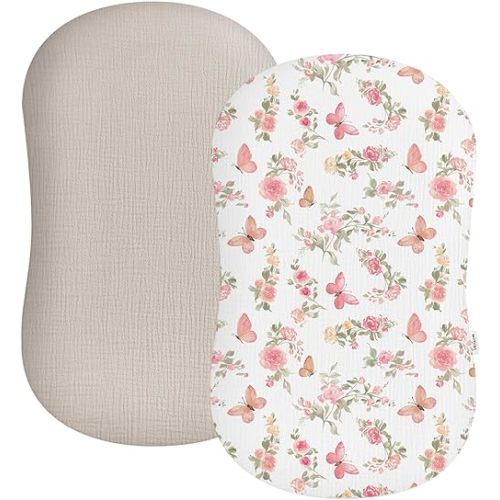 Muslin Baby Lounger Cover 2 Pack, Soft Breathable Newborn Lounger Pillow Cover for Boys Girls Infant (Butterfly & Beige)