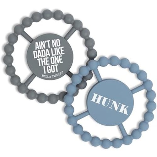 Bella Tunno Happy Teether 2pk – Soft & Easy Grip Baby Teether Toy, Silicone Teether Ring to Help Soothe Gums, Non-Toxic and BPA Free, Hunk/Aint No Dada
