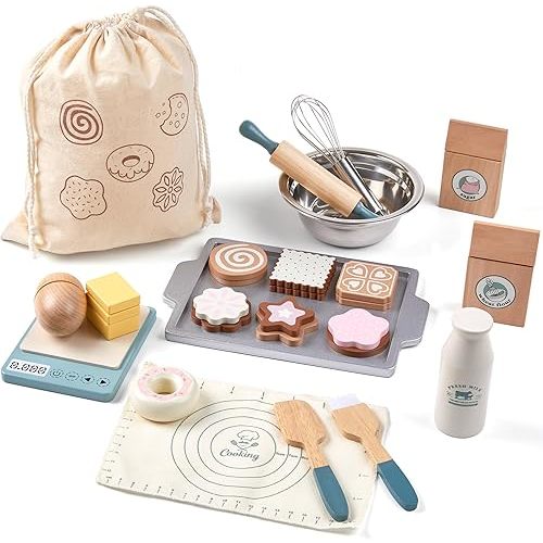 Wooden Play Food Sets for Kids, Pretend Play Kitchen Accessories with Shopping Bag, Cutting Toys, Gift for Boys and Girls Ages 3-6