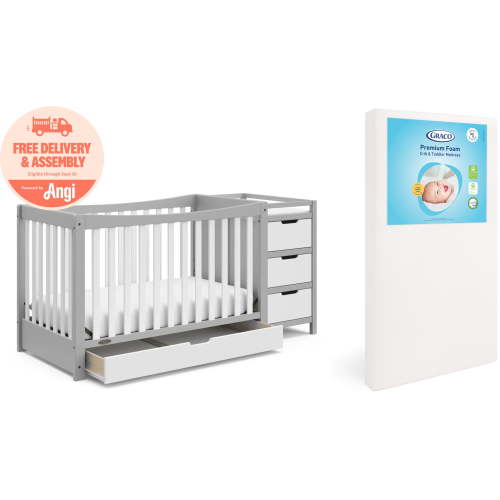 Graco Remi 4-in-1 Convertible Crib and Changer and Premium Crib & Toddler Mattress Bundle, Pebble Gray with White