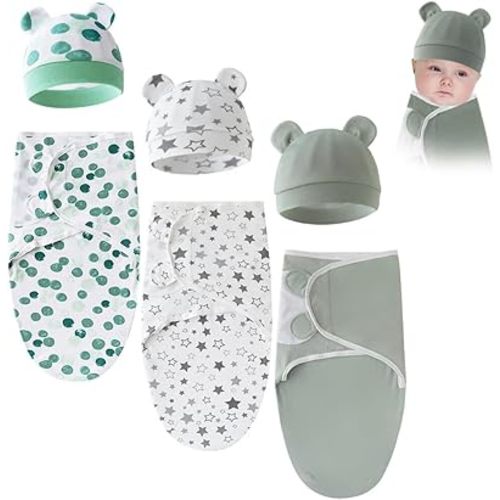 3 Sets Baby Swaddle Sleep Sack with Hat Set, Soft Baby Swaddling Blankets Cute Baby Swaddling Blankets for 0-3 Months