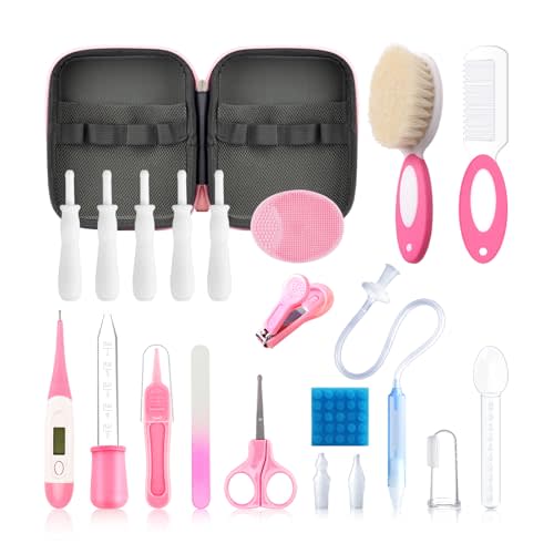 Baby Healthcare and Grooming Kit, 21 in 1 Portable Baby Essentials Kit with Gas Relief Hair Brush Comb Nasal Aspirator for Newborn Boys Girls (Pink)