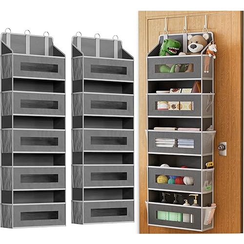 XyVoltic 2 Pack 5 Tier Over The Door Organizer - Large Capacity Behind Door Hanging Shelves with 10 Mesh Pockets and Clear Windows, Closet Organizers and Storage for Bathroom, Bedroom, Nursery, Grey