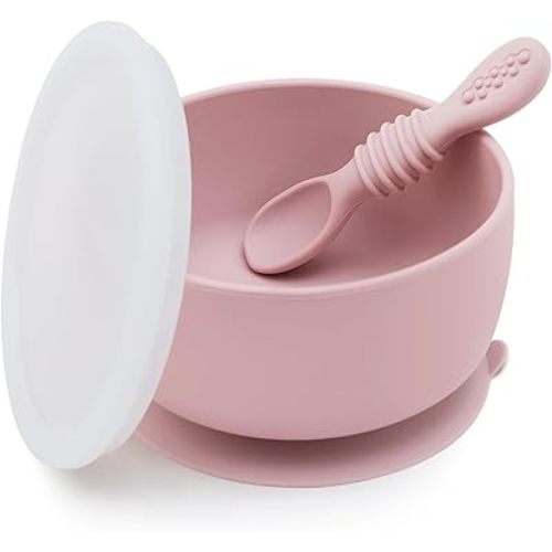 SAMiGO Silicone Baby Bowl and Spoon Set with Suction and Lid, First Stage Self Feeding Essentials, Food Bowl for 6+ Months